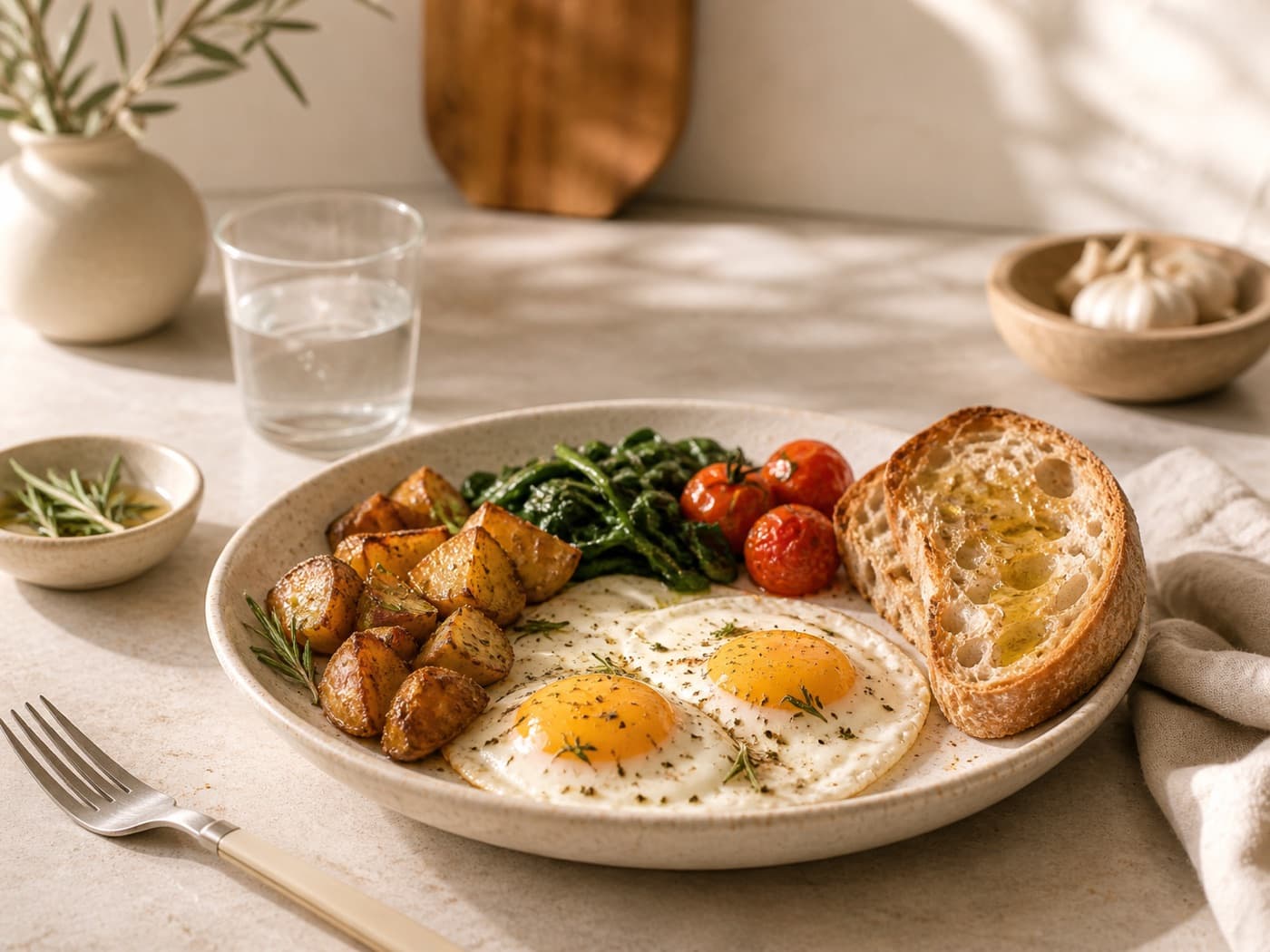 Eggs, potatoes, and toast finished with Clovia