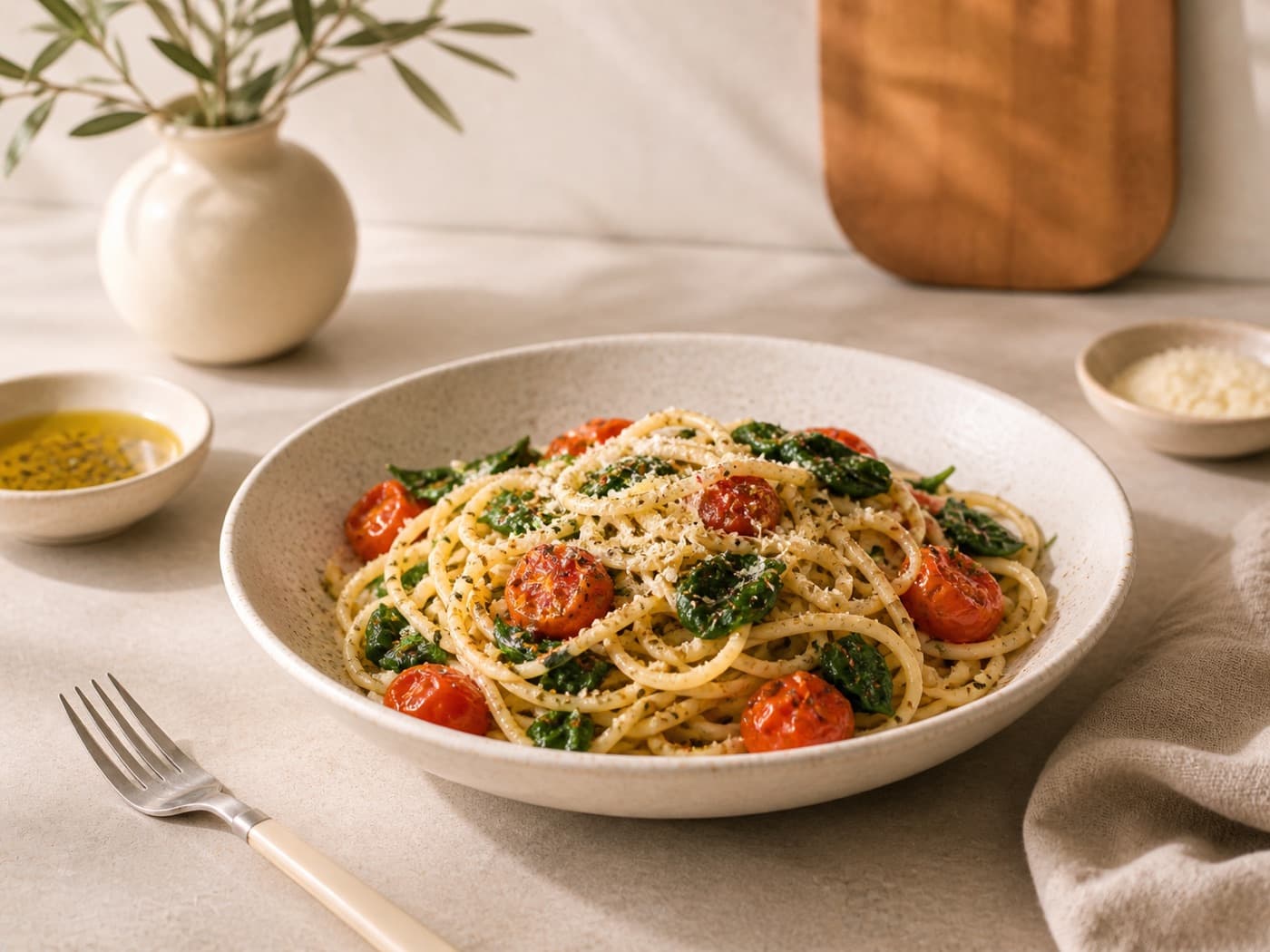 Spaghetti finished with Clovia garlic rosemary olive oil