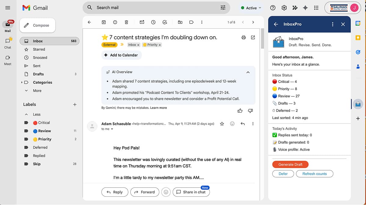 InboxPro sidebar open, dashboard visible, Generate Draft button